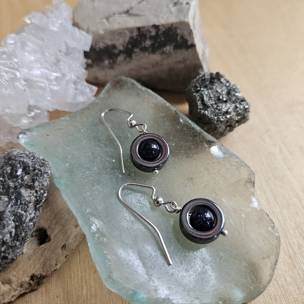 Handmade Dark Purple Black Sparkling Stone Drop Earrings Stainless Steel Hooks